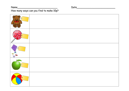 Ways to make 10p worksheet (Y1)