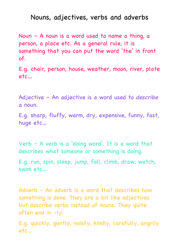 nouns adjectives verbs and adverbs definitions teaching resources