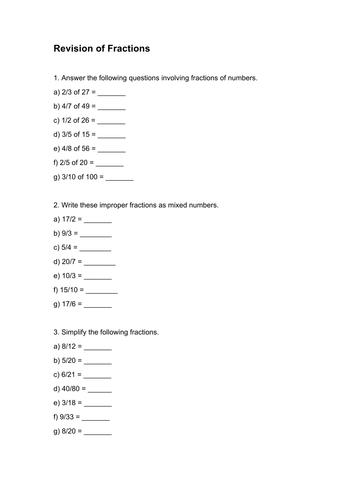 Revision of Fractions