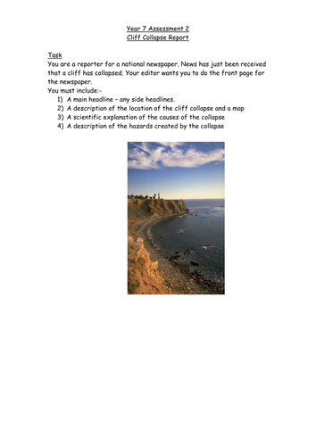 Cliff collapse newspaper article task - levelled