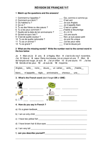 yr7 french revision sheet test by uk teaching resources tes