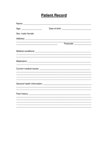 Patient Record Form Activity | Teaching Resources
