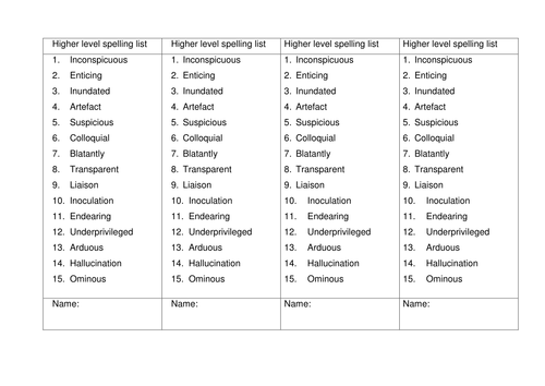 Higher level spelling list