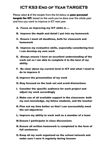 KS3 ICT Targets Sheet