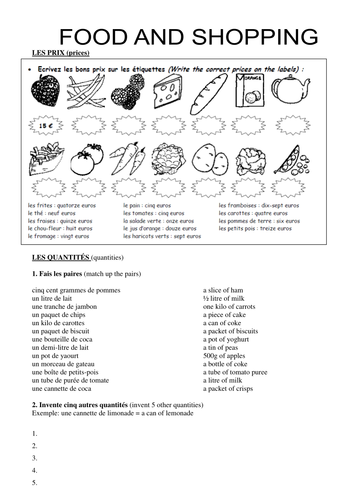 Food & quantities worksheet