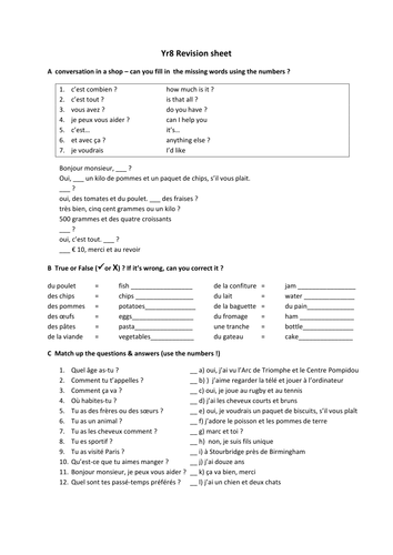 Yr8 French revision worksheet