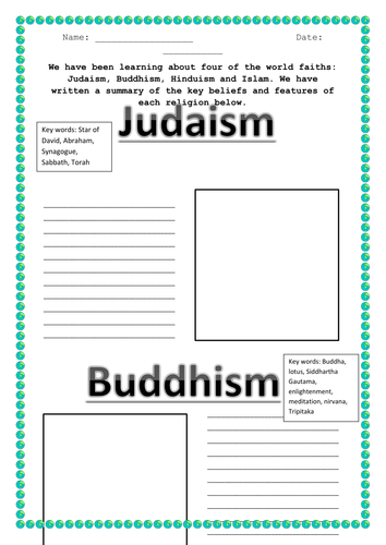 Lesson on world faiths - summaries & worksheets