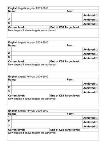 English KS3 self assessment sheet