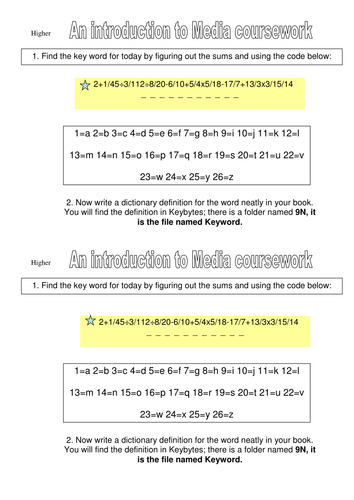 JAWS lesson 1 key words starter sheets