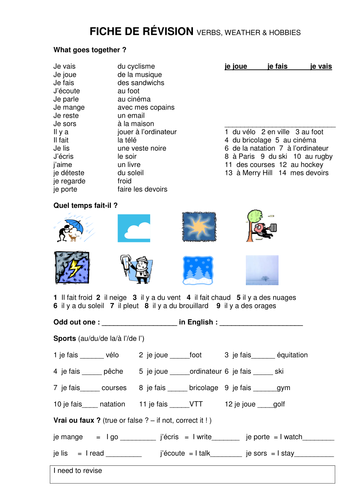 yr7 french revision sheet test teaching resources