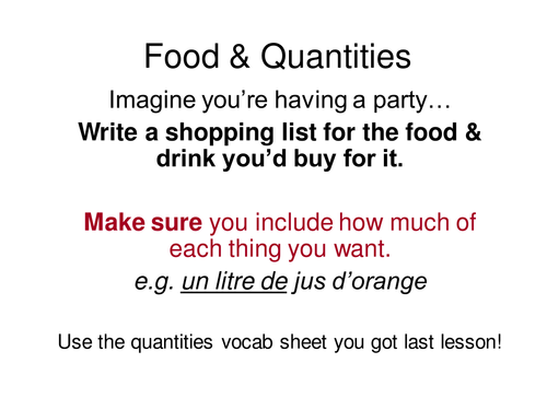 Starter activities - food/drink & quantities