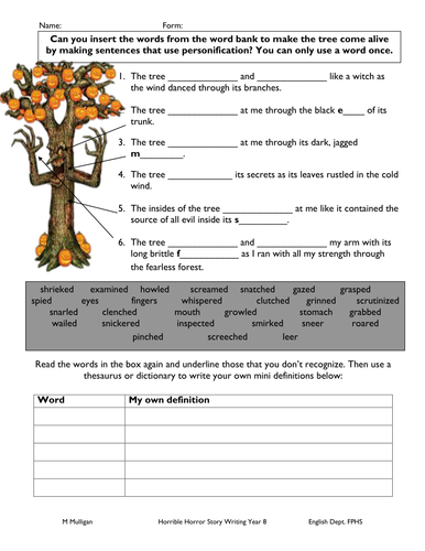 Personification worksheet for weak pupil