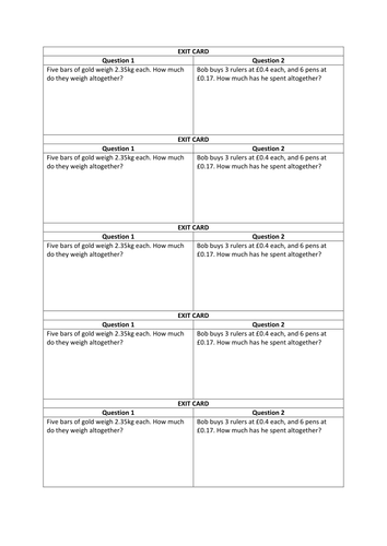 Multiplying decimals exit cards
