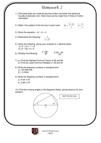 5 Higher Level Homework Revision Sheets