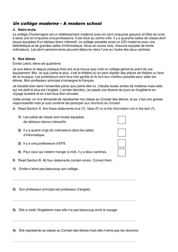 Reading activity on describing school life