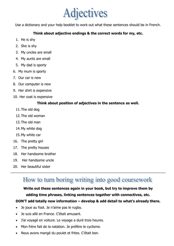 Worksheet on adjectival agreement & position