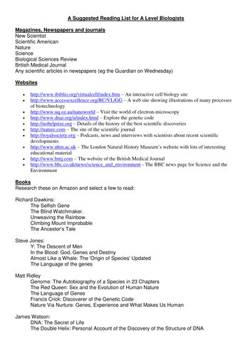 Reading List for A Level Biologists