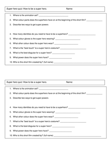 Superhero scheme how to be a superhero quiz sheet