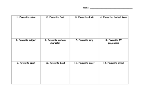Favourites bingo template - perfect for transition