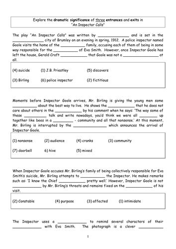 An Inspector Calls CLoze/fill the gap essay practi