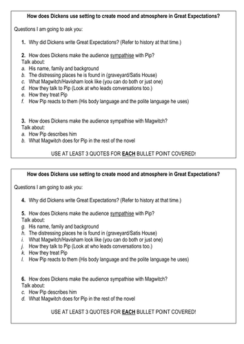 Essay plan for pupils on Great Expectations