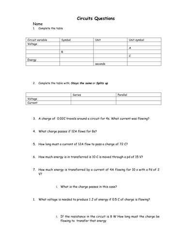 Electricty Worksheet | Teaching Resources