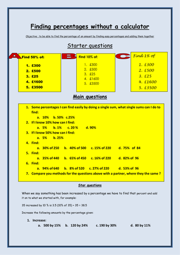 Percentages worksheet (without calculator) by bcooper87 - Teaching