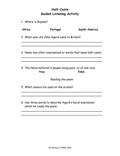 Half Caste Guided Listening exercise