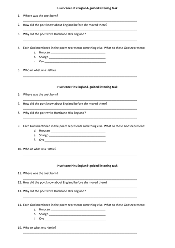 Hurricane Hits England Guided listening task