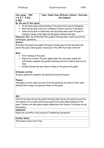 Hurricane Hits England Lesson Plan