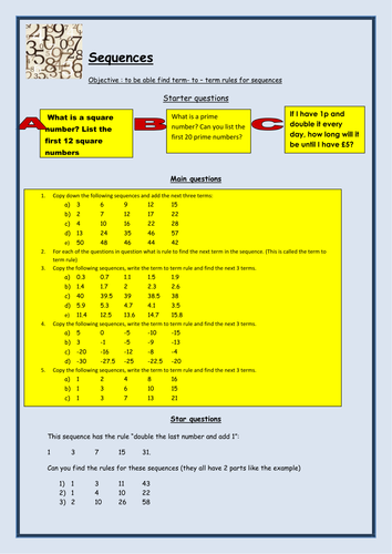 Simple sequences worksheet (term to term)