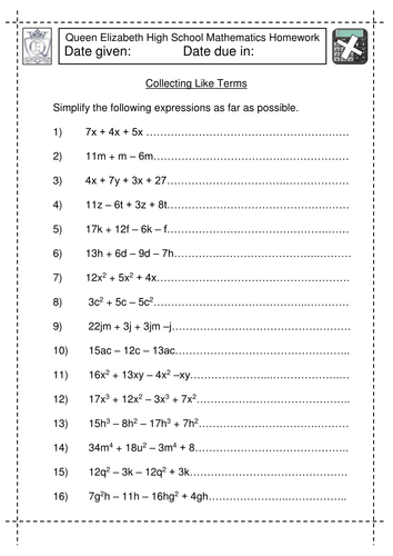Collecting like terms with indices worksheet picture