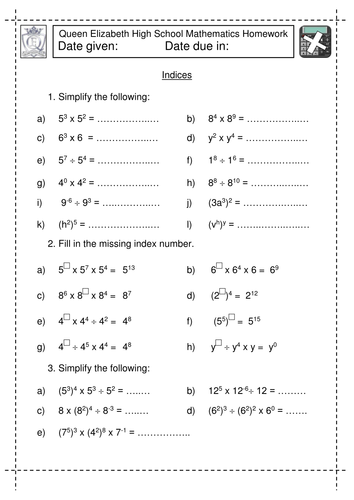 Indices Multiplication Worksheet