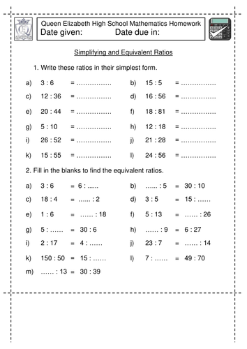 ratio in simplest form worksheet
 Simplifying and Equivalent Ratio
