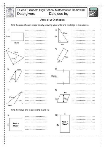 ks3 maths area of 2d shapes worksheet teaching resources