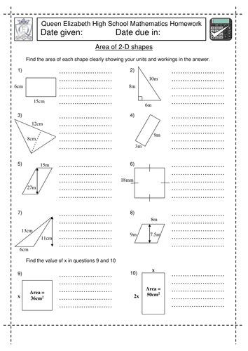 Ks3 Maths Area Of 2d Shapes Worksheet Teaching Resources