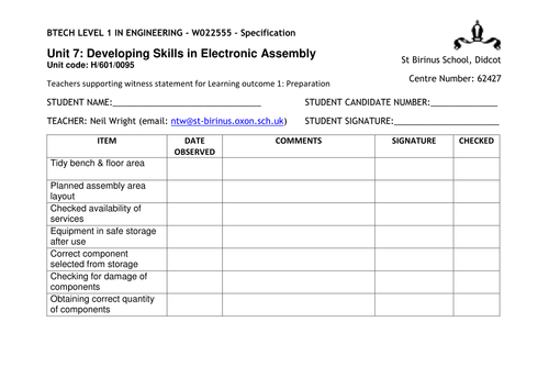 Edexcel BTEC  Engineering level 1:Unit7 paperwork