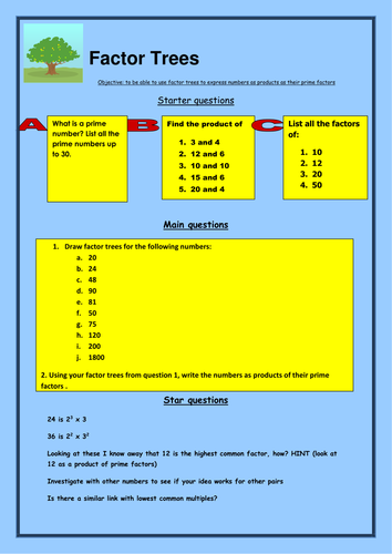 KS3/KS2 Maths Factor trees worksheet