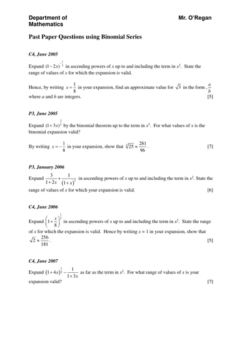 Ks5 maths core 4/C4 Binomial Expansion worksheets
