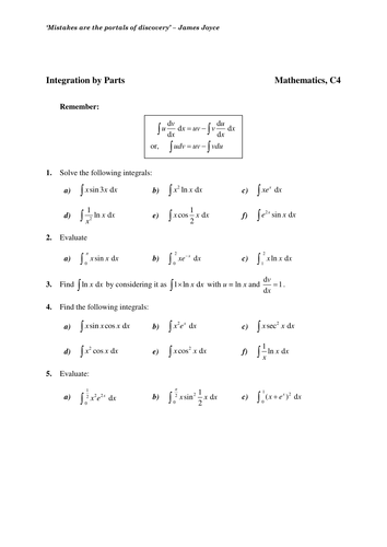 Maths KS5 Core 4: Integration by Parts worksheets | Teaching Resources