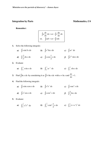 Maths KS5 Core 4: Integration by Parts worksheets