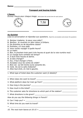 Worksheet on time, transport & buying tickets