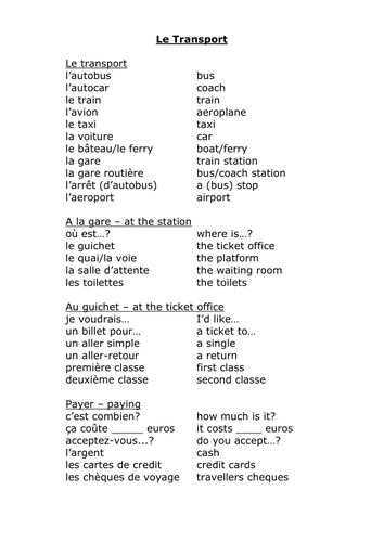 Vocab sheet on transport & buying tickets