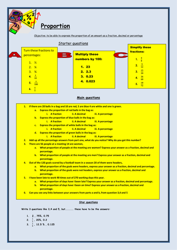 Proportions of amounts worksheet