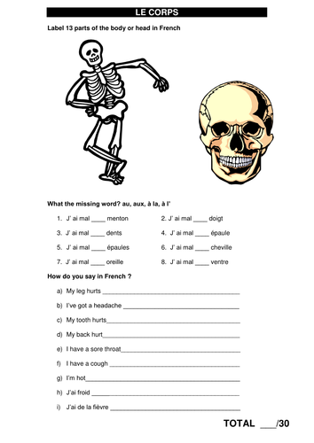 le corps - contrôle de français