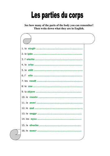 16 body parts - anagrams worksheet