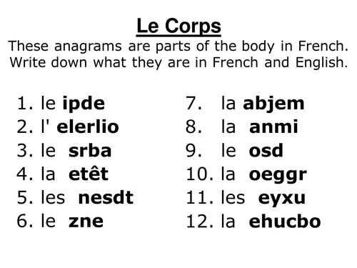 Body parts anagrams starter (powerpoint)