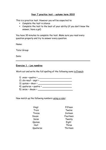 Year 7 mock test - birthdays/family/numbers