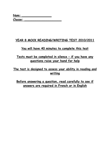 Y8 MOCK TEST - HOLIDAYS/ACTIVITIES/TRAVEL