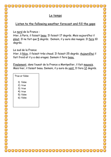 Weather role play activity / listening worksheet